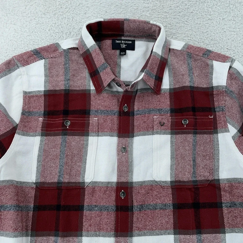 True Religion Long‎ Sleeve Plaid Shirt Mens XL Red Flannel Button Down